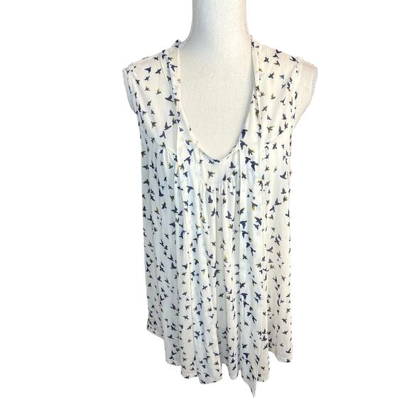 Ember white navy bird print bow tie sleeveless blouse indie professional casual - Picture 2 of 7